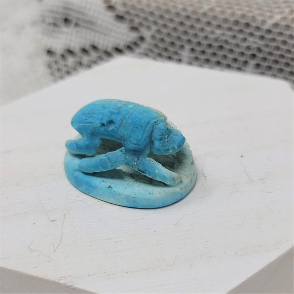 Vintage Clay Scarab Bead from Egypt Hieroglyphics Blue - Picture 1 of 9